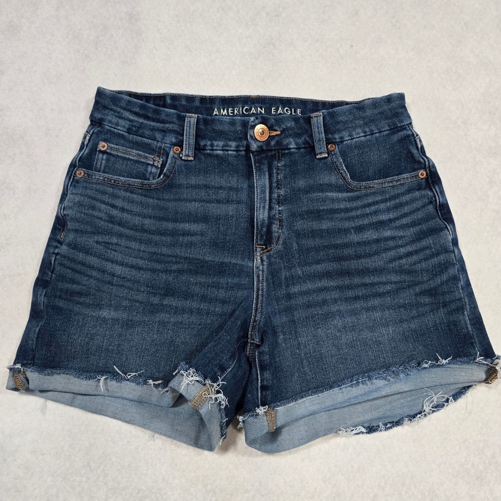 American Eagle Curvy Midi Dream Shorts Dark Wash Denim Raw Hem Womens 10